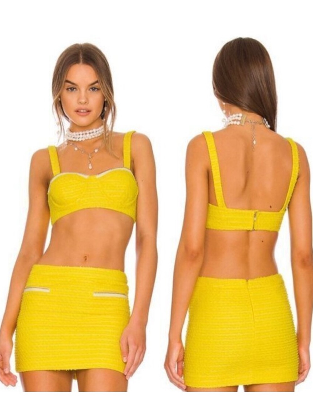 Revolve brand ASSIGNMENT Yellow Tweed Bralette & Skirt set